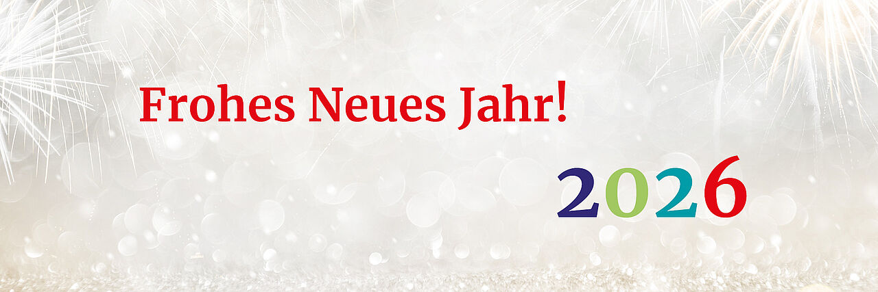 Neujahrsgruß Schriftzug "Frohes Neues Jahr" vor einem hellgrauen Hintergrund mit Feuerwerk